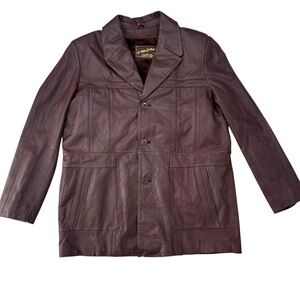 1970s Raffaelo Golden Collection Oxblood Leather Car Coat 46L Plaid Lined Jacket